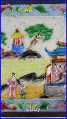 Antique ENAMELED TABLE / CIGARETTE BOX PAGODAS PEOPLE Bats Flowers Made in China