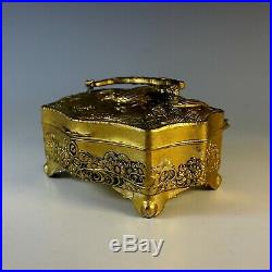 Antique Gilded Silver Plate Chinese Repousse Dresser Box with Handle
