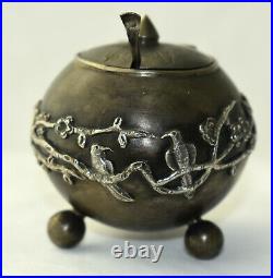 Antique Japanese Chinese Mixed Metal Opium Censor Snuff Box Silver Overlay Sgnd