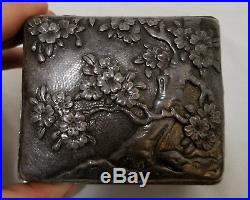 Antique Japanese Or Chinese Repousse Sterling Silver Prunus Flower Box Jewelry