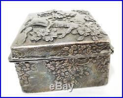 Antique Japanese Or Chinese Repousse Sterling Silver Prunus Flower Box Jewelry