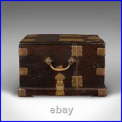 Antique Ladies Travelling Vanity Box, Chinese, Elm, Brass, Dressing Table Case