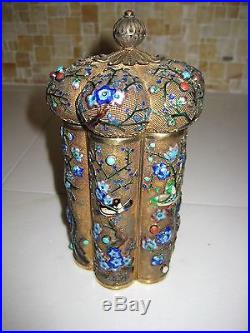 Antique Large Chinese Enameled Sterling Silver Jeweled Tea Caddy Box