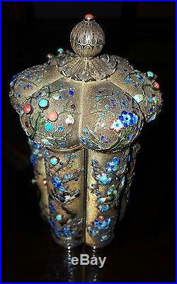 Antique Large Chinese Enameled Sterling Silver Jeweled Tea Caddy Box