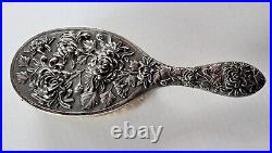 Antique Luen Wo Chinese Export Silver Repousse Hand Mirror and Brush