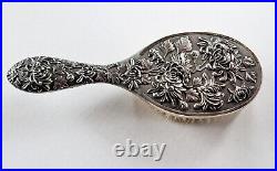 Antique Luen Wo Chinese Export Silver Repousse Hand Mirror and Brush