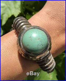 Antique Old Chinese Export Silver Turquoise Cabochon Poison Box Bangle Bracelet