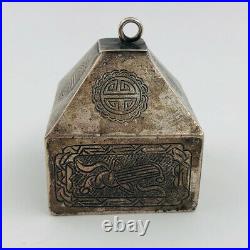 Antique Old Chinese Qing Silver Engraved Shou Symbol Box Scholar Amulet Pendant