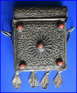 Antique / Old Vintage Chinese Tibetan Ghau Gau Orange Bead Silver Prayer Box