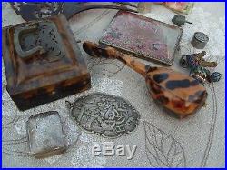 Antique Oriental Chinese Silver Cloisonne Faux Tortoiseshell Box Doll Thimble