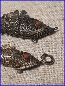 Antique Pair Chinese Sterling Silver Filigree Fish Box Coral Pendants