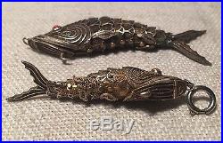 Antique Pair Chinese Sterling Silver Filigree Fish Box Coral Pendants