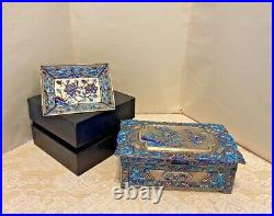 Antique Pair Of Matching Chinese Sterling Silver & Enamel Trinket Box & Dish