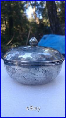 Antique Qing Chinese Engraved Silver Incense Box Ducks & Lotus
