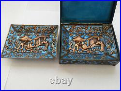 Antique Qing Chinese Export Enamel Copper Tobacco Cigarette Smoking Box Ashtrays