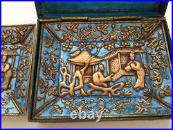 Antique Qing Chinese Export Enamel Copper Tobacco Cigarette Smoking Box Ashtrays