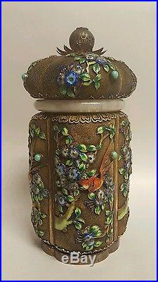 Antique Qing Chinese export jade gold gilt sterling silver enamel tea caddy box