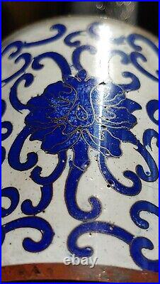 Antique Qing Cloisonne Blue Flower Silver Lace Copper Jar Case