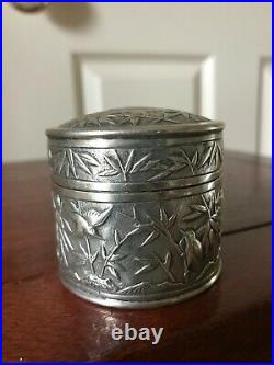 Antique Qing Dynasty Really Fine Chinese Silver Box Birds And Bamboo Decorate