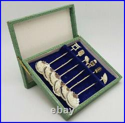 Antique Rare Set Of 6 Chinese Export Solid Silver 950 Spoons Box