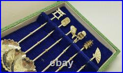 Antique Rare Set Of 6 Chinese Export Solid Silver 950 Spoons Box