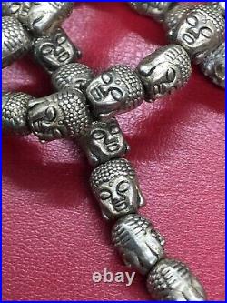 Antique Rare White Metal Silver Plated Chinese 48 Buddha Necklace Or Worry Beads