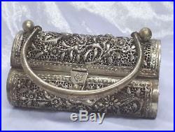 Antique Repousse Chinese Silver Jewelley Box Basket Casket Floral Scroll Covered