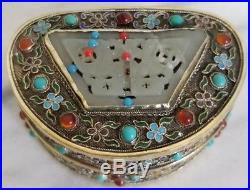 Antique Republic Chinese Silver Gilt Bronze Filigree Box Turquoise Jade Coral