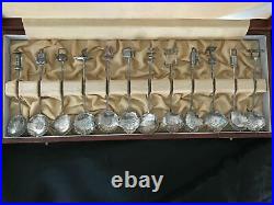 Antique Set Of 12 Chinese Silver Spoons Original Box Flower Shape Marked