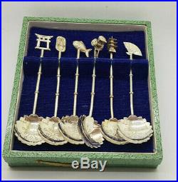 Antique Set Of 6 Chinese Export Solid Silver 950 Spoons Box