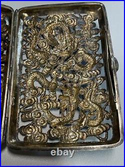 Antique Silver Chinese Export Open Work Dragon Repousse Cigar Box Case 162 GRAMS