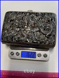 Antique Silver Chinese Export Open Work Dragon Repousse Cigar Box Case 162 GRAMS