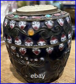 Antique Silver Cloisonné Pot With Inset Jade Plaque Chinese Qing