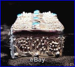 Antique Silver Filigree Trinket Box Inlaid With Turquoise Indian/chinese