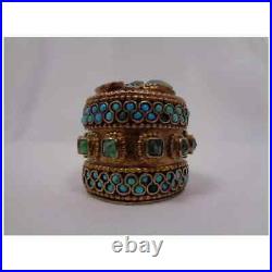 Antique Silver Gilt Box Small Inlaid Turquoise Emeralds Gold Asian Hand Made