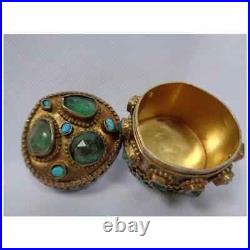 Antique Silver Gilt Box Small Inlaid Turquoise Emeralds Gold Asian Hand Made