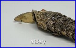 Antique Silver Gilt Chinese Reticulated Koi Fish Coral Eyes Pendant Pill Box 3