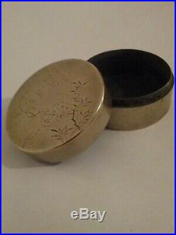 Antique Silver Plate Chinese Pill/Trinket Box With Chinese Old Script & Blossom