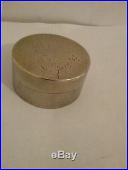 Antique Silver Plate Chinese Pill/Trinket Box With Chinese Old Script & Blossom