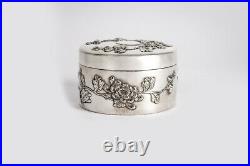 Antique Solid Silver Chinese Circular Box with Blossom Motifs c. 1890