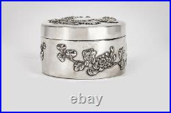 Antique Solid Silver Chinese Circular Box with Blossom Motifs c. 1890