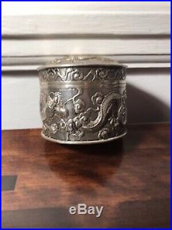 Antique Solid Silver Chinese Or Japanese Snuff Box Case Carved With 3D Dragon