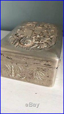 Antique Solid Silver Rare Chinese Very Large Art Box 465 Grams