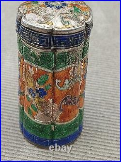 Antique Sterling Silver Enamel Tubular Chinese Snuff Box