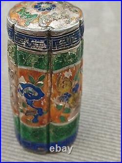 Antique Sterling Silver Enamel Tubular Chinese Snuff Box