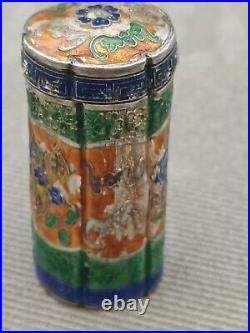 Antique Sterling Silver Enamel Tubular Chinese Snuff Box