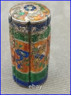 Antique Sterling Silver Enamel Tubular Chinese Snuff Box