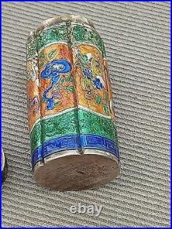 Antique Sterling Silver Enamel Tubular Chinese Snuff Box