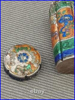 Antique Sterling Silver Enamel Tubular Chinese Snuff Box