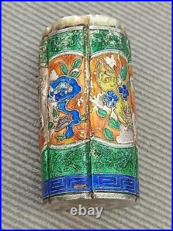 Antique Sterling Silver Enamel Tubular Chinese Snuff Box